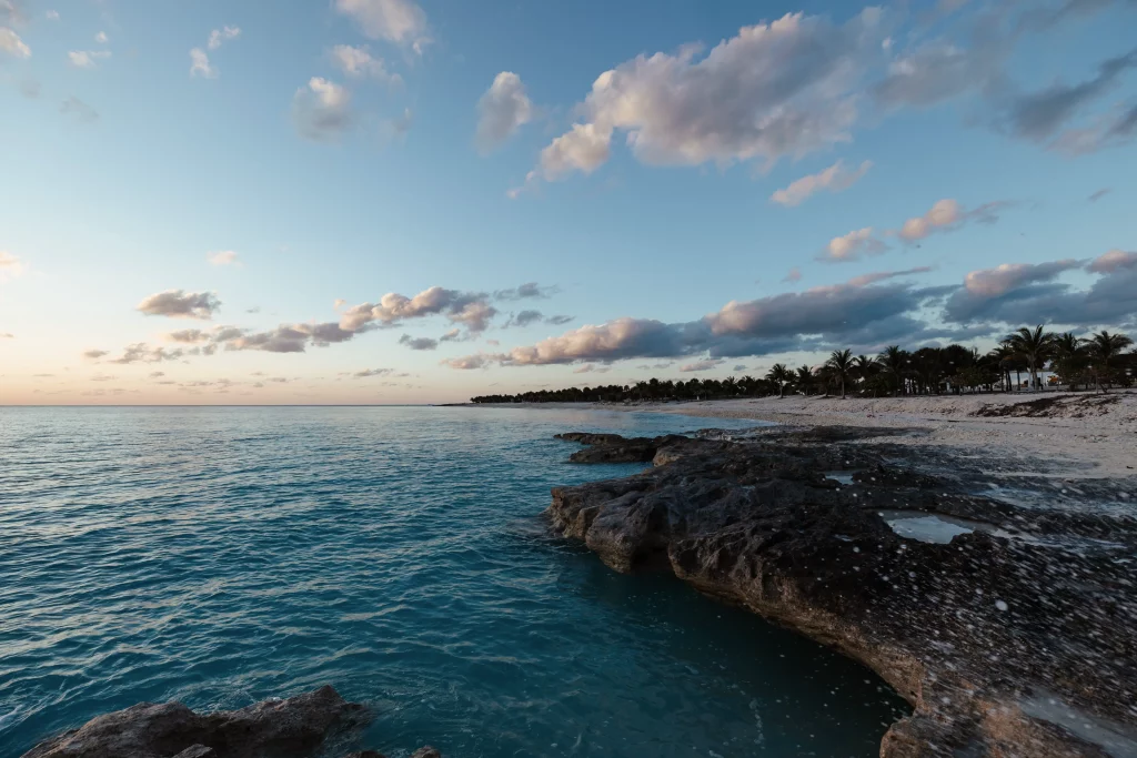 Eine felsige Küste mit türkisfarbenem Wasser, sanften Wellen und vereinzelten Wolken bei Sonnenuntergang. Eine Reihe von Palmen säumt den entfernten Sandstrand unter blauem Himmel – perfekt eingefangen durch die professionelle Bildproduktion.